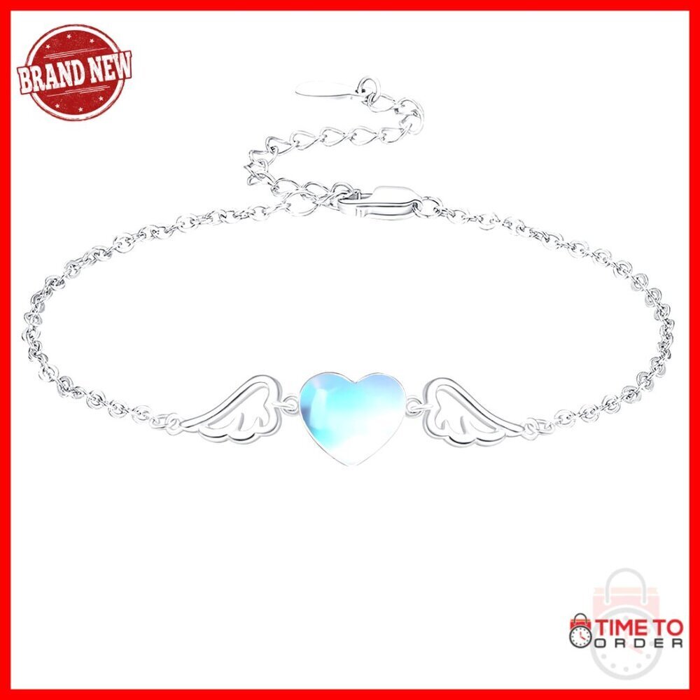 Sterling Silver Angel Wing Heart Link Bracelet with Moonstone, 7+2 Inch